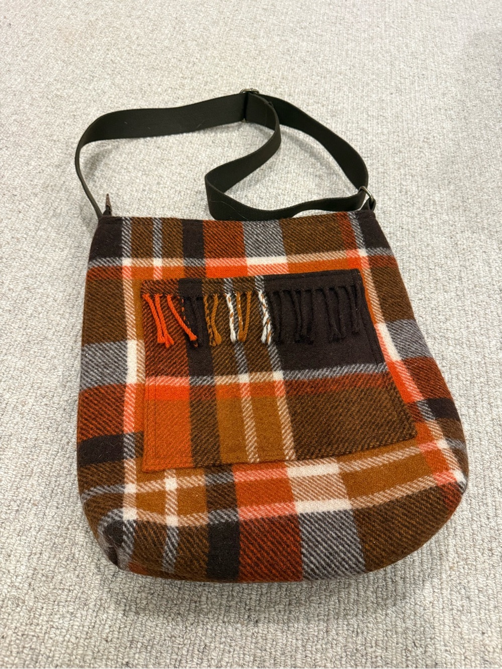Onkaparinga wool fringe tote bag pure wool made in Australia orange plaid